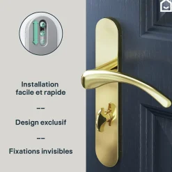 GoodHome Ensemble poignée sur plaque rond à condamnation Ruis effet laiton doré L.138.5mm x l.42mm entraxe 165-195mm