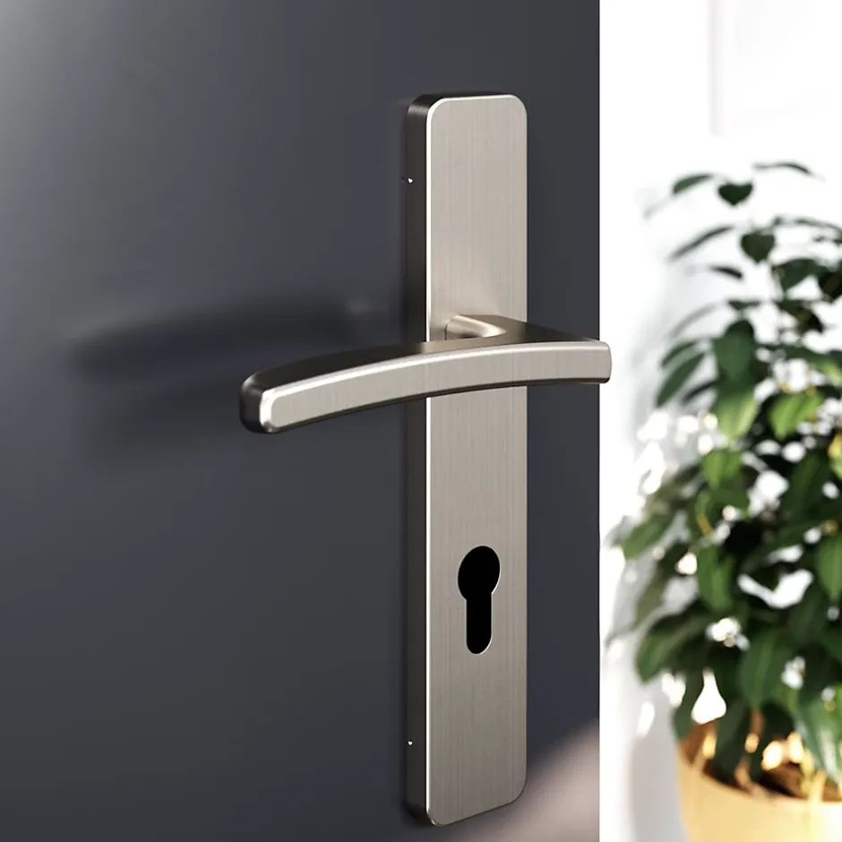 GoodHome Ensemble poignée sur plaque rectangulairecylindre Irvil effet nickel satin gris L.126.5mm x l.42mm entraxe 165-195mm