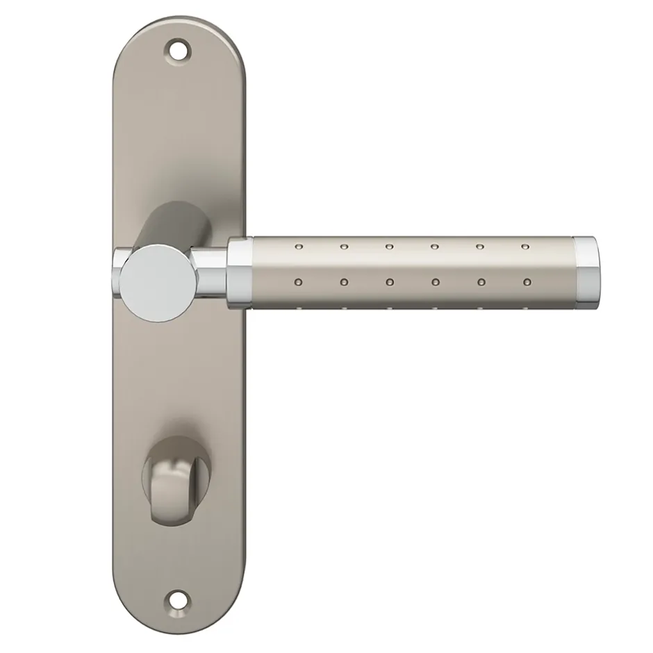 GoodHome Ensemble poignée sur plaque rond à condamnation Brigg effet chrome et nickel satin gris L.132mm x l.40mm entraxe 165mm