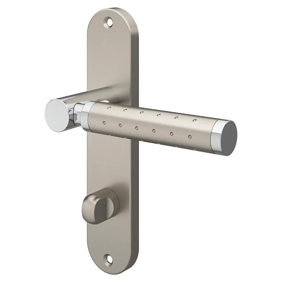 GoodHome Ensemble poignée sur plaque rond à condamnation Brigg effet chrome et nickel satin gris L.132mm x l.40mm entraxe 165mm
