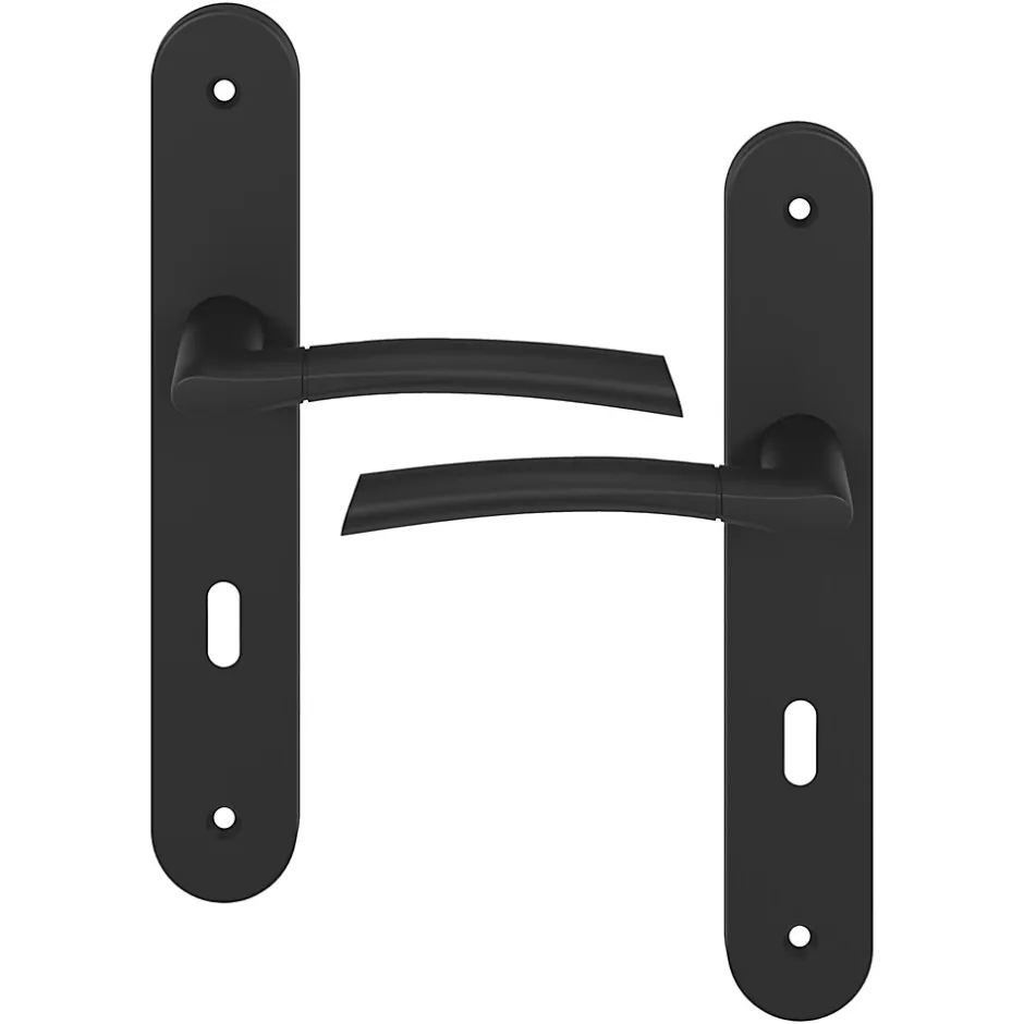 GoodHome Ensemble poignée sur plaque rond serrure Hirel effet nickel mat noir L.128mm x l.40mm entraxe 195mm