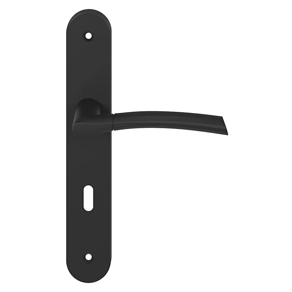 GoodHome Ensemble poignée sur plaque rond serrure Hirel effet nickel mat noir L.128mm x l.40mm entraxe 195mm