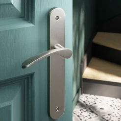 GoodHome Ensemble poignée sur plaque rond Beare effet nickel satin gris L.110.5mm x l.40mm entraxe 195mm