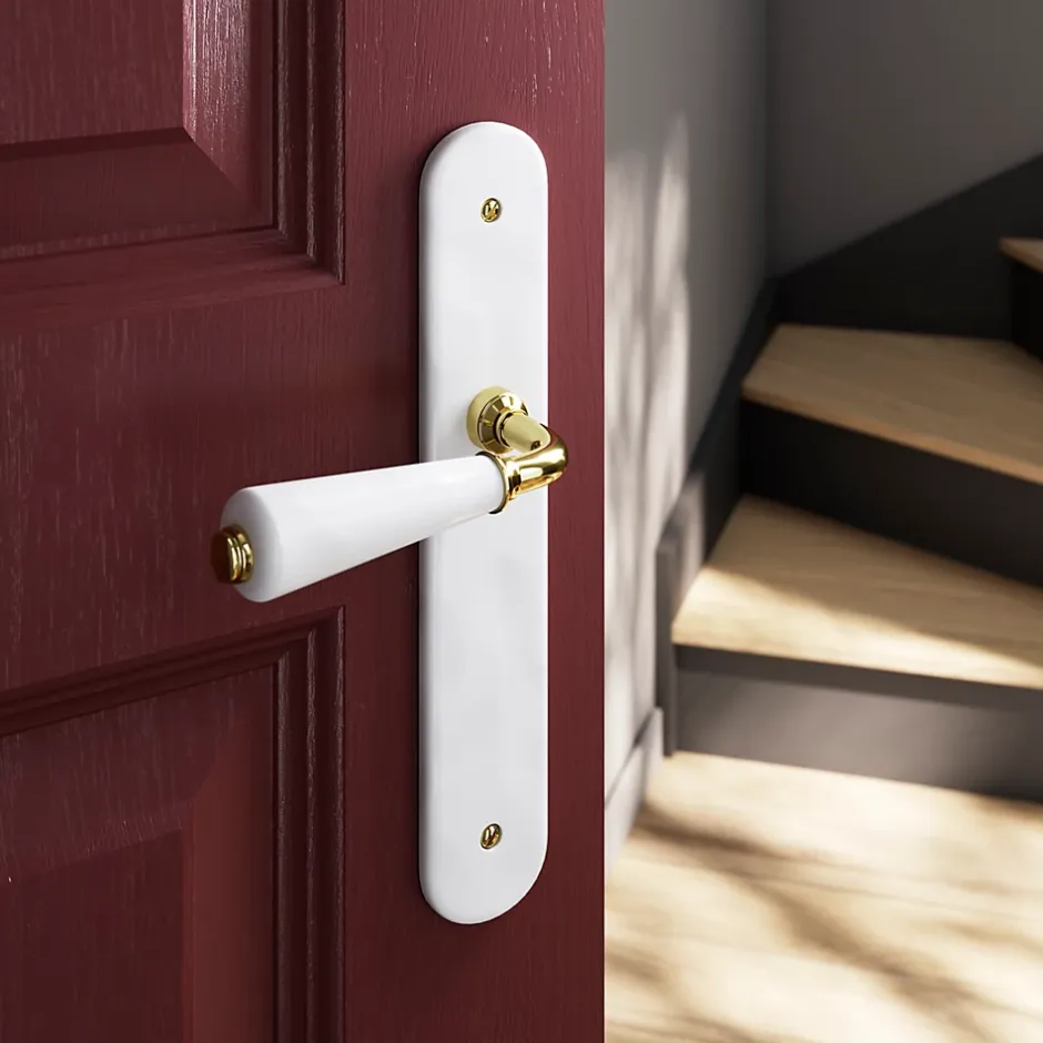 GoodHome Ensemble poignée sur plaque Droit Porcelaine Vras blanc L.115mm x l.45mm entraxe 195mm