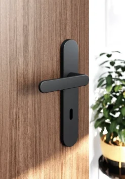 Ensemble poignée sur plaque rond serrure Minzh effet nickel mat noir L.120mm x l.42mm entraxe 165-195mm-GoodHome Clearance