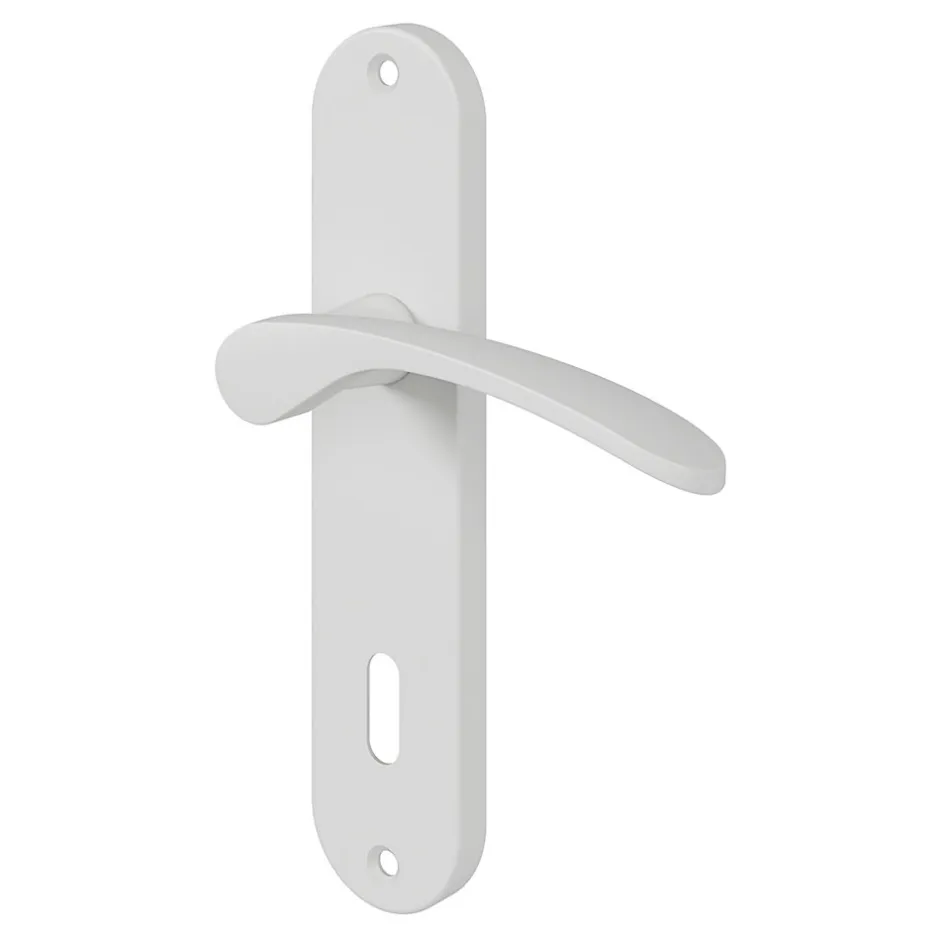 Ensemble poignée sur plaque rond serrure Beare mat blanc L.110.5mm x l.40mm entraxe 165mm-GoodHome Hot