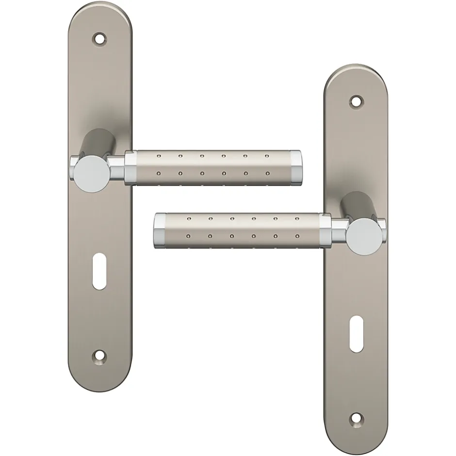 Ensemble poignée sur plaque rond serrure Brigg effet chrome et nickel satin gris L.132mm x l.40mm entraxe 195mm-GoodHome Clearance