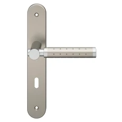 Ensemble poignée sur plaque rond serrure Brigg effet chrome et nickel satin gris L.132mm x l.40mm entraxe 195mm-GoodHome Clearance