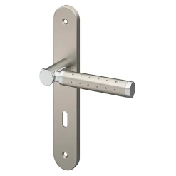 Ensemble poignée sur plaque rond serrure Brigg effet chrome et nickel satin gris L.132mm x l.40mm entraxe 195mm-GoodHome Clearance