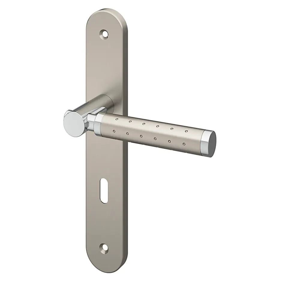 Ensemble poignée sur plaque rond serrure Brigg effet chrome et nickel satin gris L.132mm x l.40mm entraxe 195mm-GoodHome Clearance