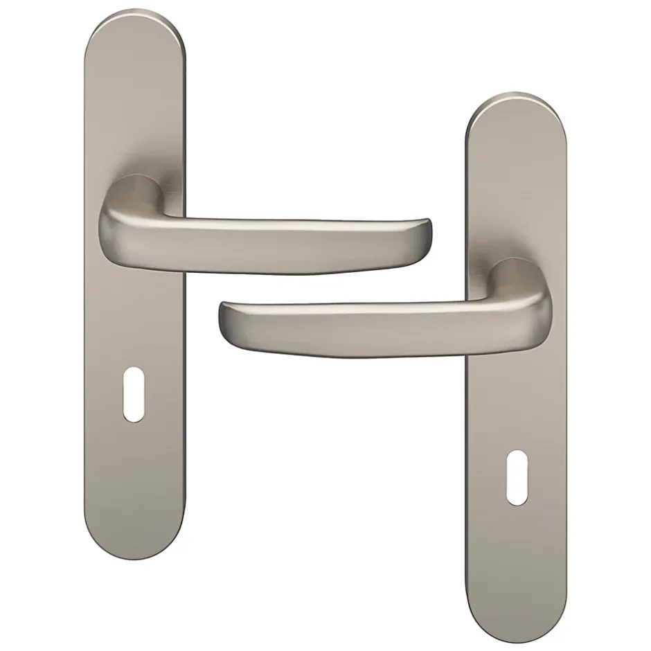 Ensemble poignée sur plaque rond serrure Govlin effet nickel satin gris L.130mm x l.42mm entraxe 165-195mm-GoodHome Discount