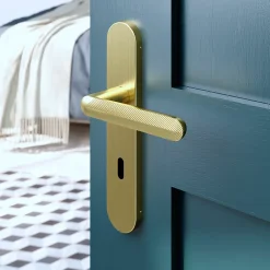 Ensemble poignée sur plaque rond serrure Garlan effet laiton satin doré L.125mm x l.42mm entraxe 165-195mm-GoodHome