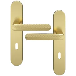 Ensemble poignée sur plaque rond serrure Garlan effet laiton satin doré L.125mm x l.42mm entraxe 165-195mm-GoodHome