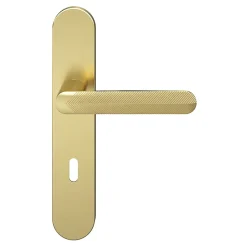 Ensemble poignée sur plaque rond serrure Garlan effet laiton satin doré L.125mm x l.42mm entraxe 165-195mm-GoodHome