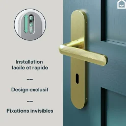 Ensemble poignée sur plaque rond serrure Garlan effet laiton satin doré L.125mm x l.42mm entraxe 165-195mm-GoodHome