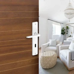 Ensemble poignée sur plaque rectangulaire serrure Colan satin blanc L.106mm x l.39.8mm entraxe 165mm