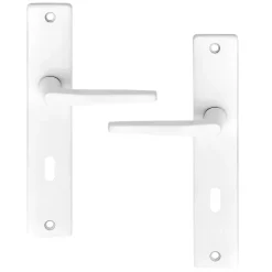 Ensemble poignée sur plaque rectangulaire serrure Colan satin blanc L.106mm x l.39.8mm entraxe 165mm
