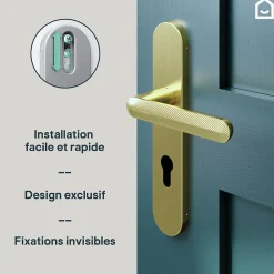 GoodHome Ensemble poignée sur plaque rondcylindre Garlan effet laiton satin doré L.125mm x l.42mm entraxe 165-195mm