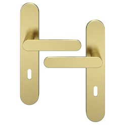 Ensemble poignée sur plaque rond serrure Minzh effet laiton satin doré L.120mm x l.42mm entraxe 165-195mm-GoodHome Hot