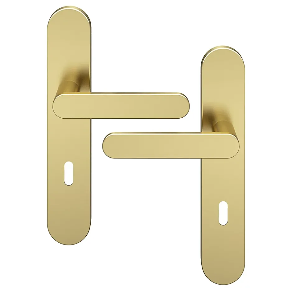 Ensemble poignée sur plaque rond serrure Minzh effet laiton satin doré L.120mm x l.42mm entraxe 165-195mm-GoodHome Hot