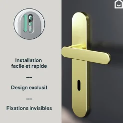 Ensemble poignée sur plaque rond serrure Minzh effet laiton satin doré L.120mm x l.42mm entraxe 165-195mm-GoodHome Hot