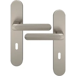 Ensemble poignée sur plaque rond serrure Garlan effet nickel satin gris L.125mm x l.42mm entraxe 165-195mm-GoodHome New