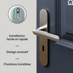 Ensemble poignée sur plaque rond serrure Garlan effet nickel satin gris L.125mm x l.42mm entraxe 165-195mm-GoodHome New