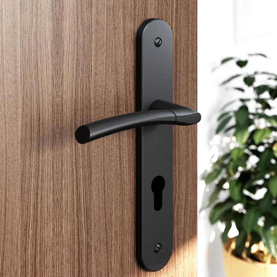 GoodHome Ensemble poignée sur plaque rondcylindre Hirel effet nickel mat noir L.128mm x l.40mm entraxe 195mm