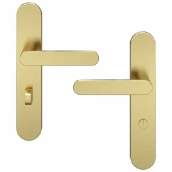 GoodHome Ensemble poignée sur plaque rond à condamnation Minzh effet laiton satin doré L.120mm x l.42mm entraxe 165-195mm