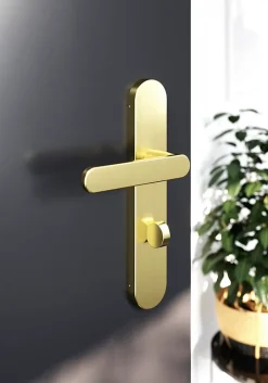 GoodHome Ensemble poignée sur plaque rond à condamnation Minzh effet laiton satin doré L.120mm x l.42mm entraxe 165-195mm