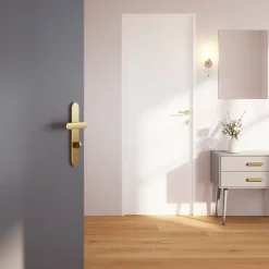 GoodHome Ensemble poignée sur plaque rond à condamnation Minzh effet laiton satin doré L.120mm x l.42mm entraxe 165-195mm