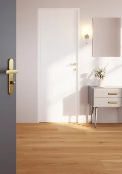 GoodHome Ensemble poignée sur plaque rond à condamnation Minzh effet laiton satin doré L.120mm x l.42mm entraxe 165-195mm