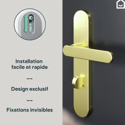 GoodHome Ensemble poignée sur plaque rond à condamnation Minzh effet laiton satin doré L.120mm x l.42mm entraxe 165-195mm