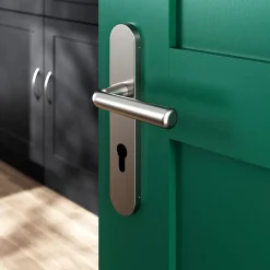 GoodHome Ensemble poignée sur plaque rondcylindre Dizel effet nickel satin gris L.121.5mm x l.42mm entraxe 165-195mm