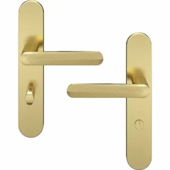 Ensemble poignée sur plaque rond à condamnation Garlan effet laiton satin doré L.125mm x l.42mm entraxe 165-195mm-GoodHome New