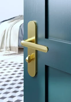 Ensemble poignée sur plaque rond à condamnation Garlan effet laiton satin doré L.125mm x l.42mm entraxe 165-195mm-GoodHome New