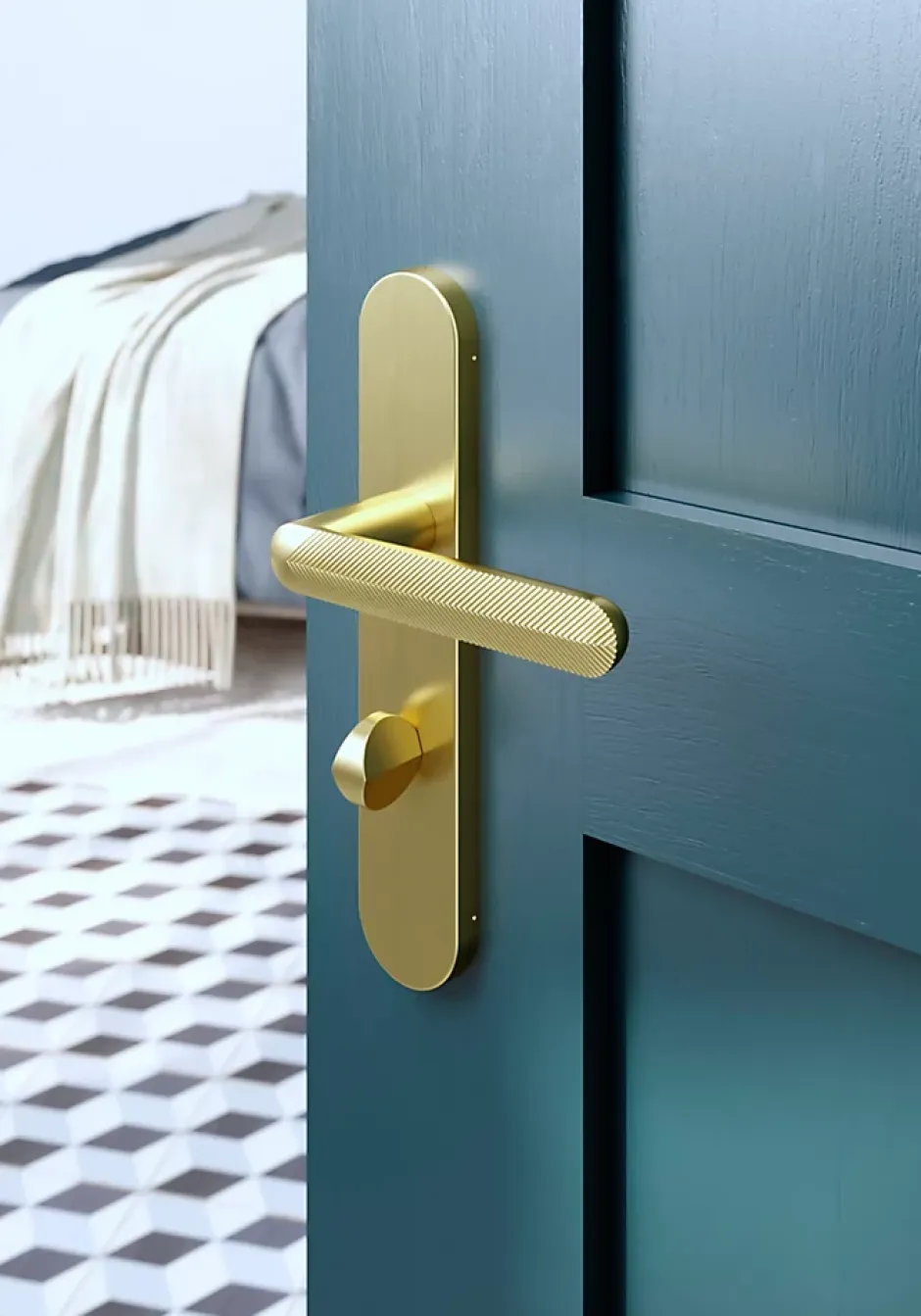 Ensemble poignée sur plaque rond à condamnation Garlan effet laiton satin doré L.125mm x l.42mm entraxe 165-195mm-GoodHome New