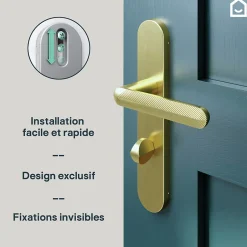 Ensemble poignée sur plaque rond à condamnation Garlan effet laiton satin doré L.125mm x l.42mm entraxe 165-195mm-GoodHome New