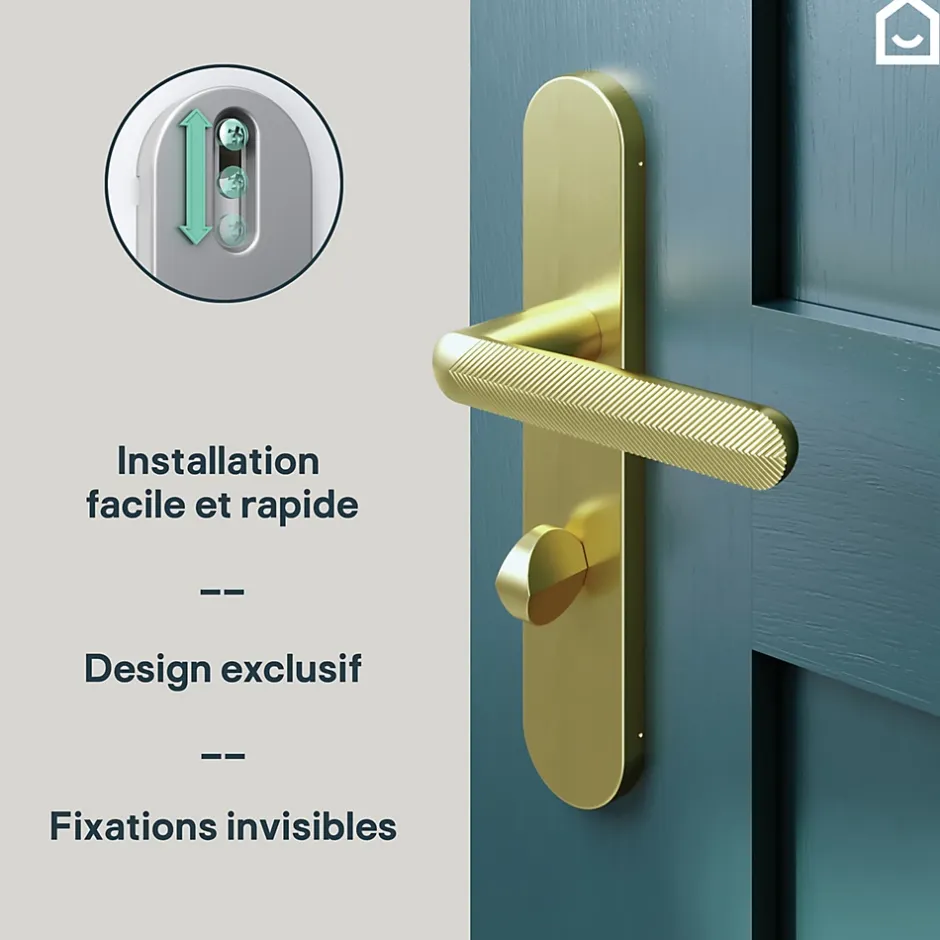 Ensemble poignée sur plaque rond à condamnation Garlan effet laiton satin doré L.125mm x l.42mm entraxe 165-195mm-GoodHome New