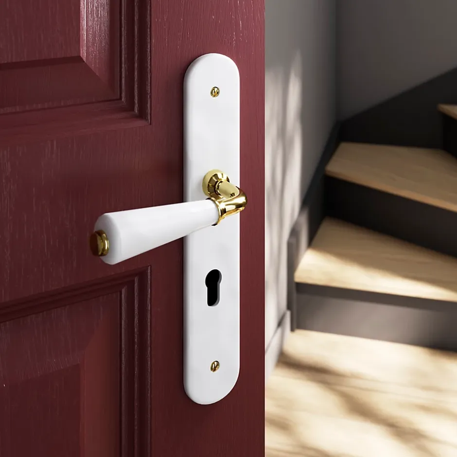 GoodHome Ensemble poignée sur plaque Droit cylindre Porcelaine Vras blanc L.115mm x l.45mm entraxe 195mm