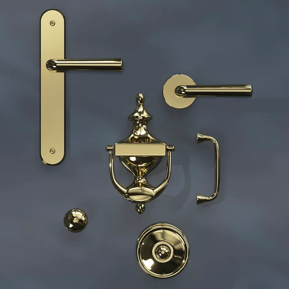 GoodHome Ensemble poignée sur plaque rond Tudy effet laiton brillant doré L.119mm x l.41mm entraxe 195mm