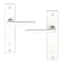 Ensemble poignée sur plaque rectangulaire serrure Colan effet argenté satin gris L.106mm x l.39.8mm entraxe 165mm