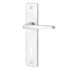 Ensemble poignée sur plaque rectangulaire serrure Colan effet argenté satin gris L.106mm x l.39.8mm entraxe 165mm