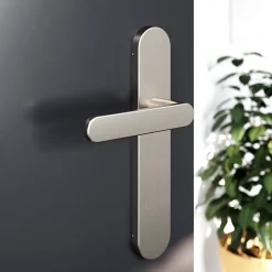 GoodHome Ensemble poignée sur plaque rond Minzh effet nickel satin gris L.120mm x l.42mm entraxe 165-195mm