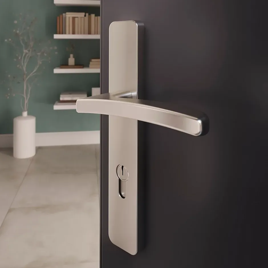 Ensemble poignée sur plaque rectangulaire Irvil effet nickel satin gris L.126.5mm x l.24.5mm entraxe 195mm-GoodHome Outlet