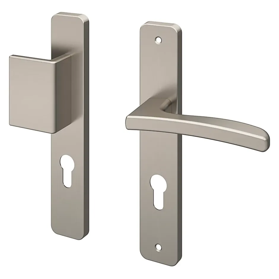 Ensemble poignée sur plaque rectangulaire Irvil effet nickel satin gris L.126.5mm x l.24.5mm entraxe 195mm-GoodHome Outlet