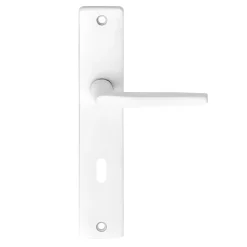 Ensemble poignée sur plaque rectangulaire serrure Colan satin blanc L.106mm x l.39.8mm entraxe 195mm