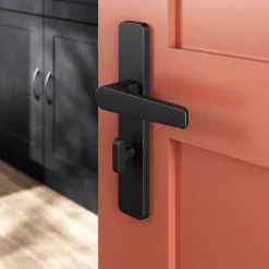 GoodHome Ensemble poignée sur plaque rectangulaire à condamnation Kerver effet nickel mat noir L.128mm x l.42mm entraxe 165-195mm