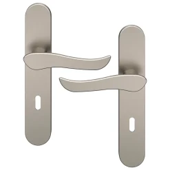 Ensemble poignée sur plaque rond serrure Armel effet nickel satin gris L.130mm x l.42mm entraxe 165-195mm-GoodHome Discount