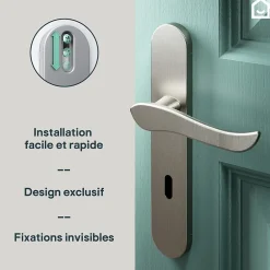 Ensemble poignée sur plaque rond serrure Armel effet nickel satin gris L.130mm x l.42mm entraxe 165-195mm-GoodHome Discount